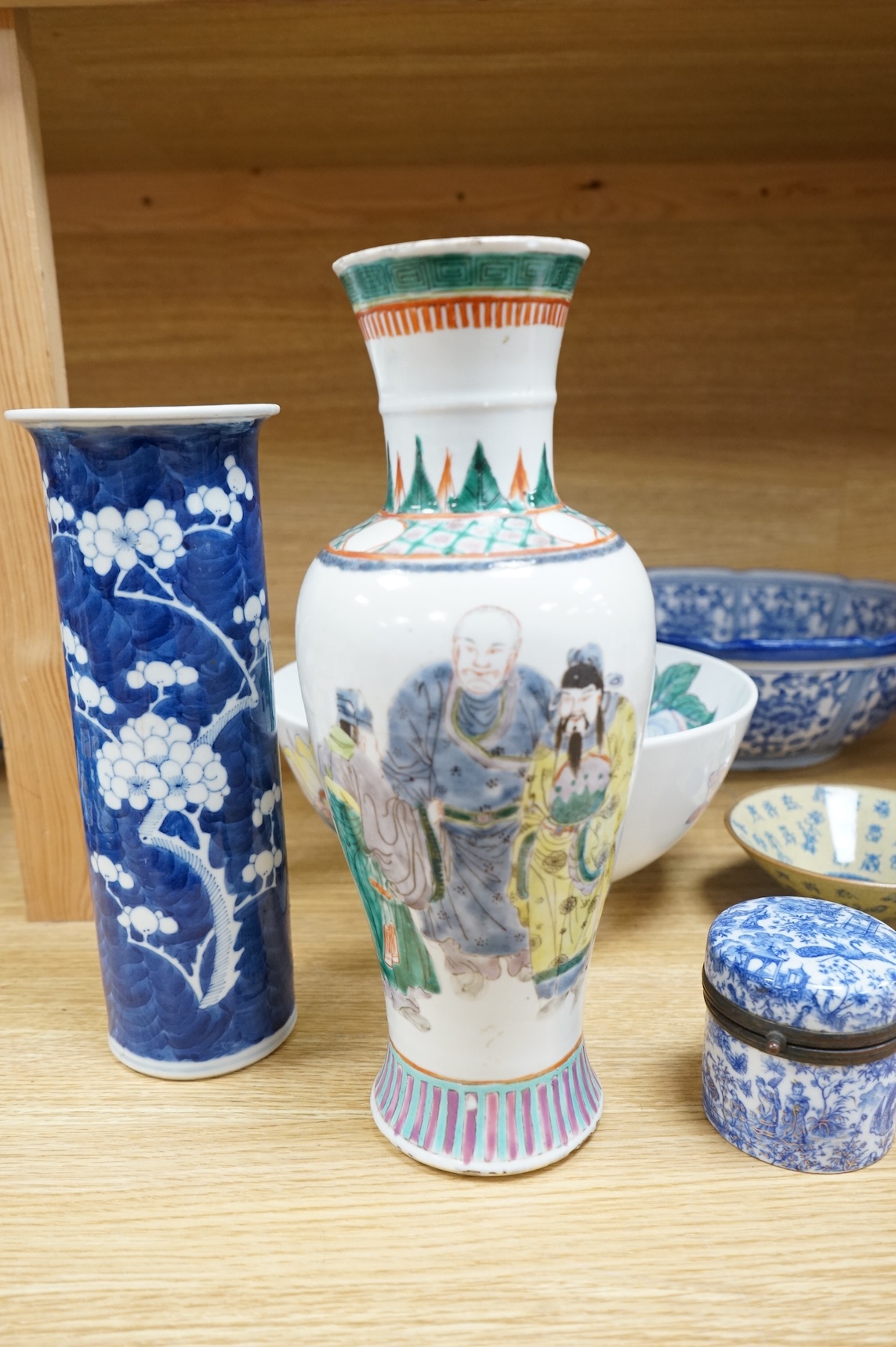 A collection of Chinese mixed ceramics, largest blue and white bowl 33cm diameter